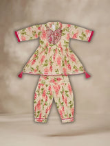 Girls Pink Floral Print Kurti with Patiyala Suit Set