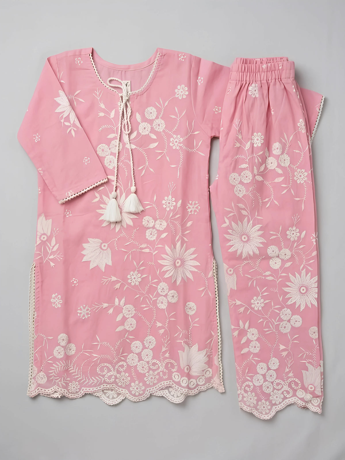 Girls Pink Floral Kurta Palazzo Set with Dupatta.