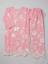 Girls Pink Floral Kurta Palazzo Set with Dupatta.