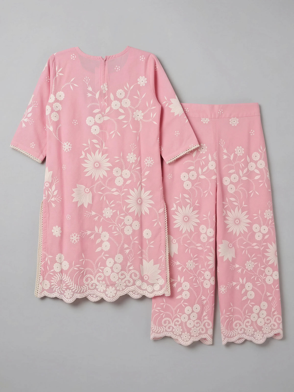 Girls Pink Floral Kurta Palazzo Set with Dupatta.