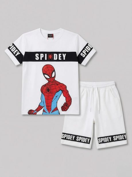 Boys Spidey Print White T-Shirt and Shorts Co-ord Set