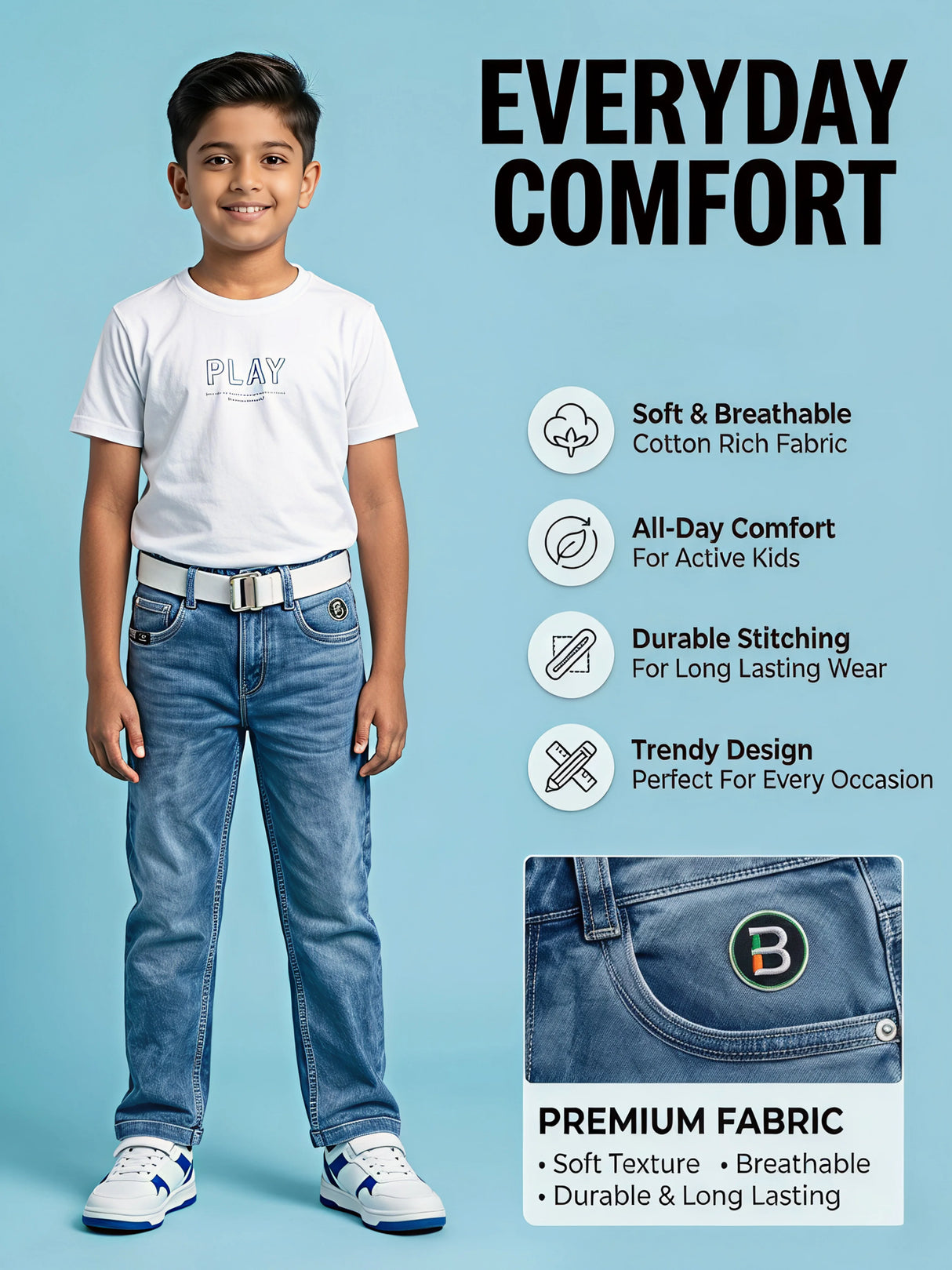 Boys Premium Blue Slim Fit Jeans with Graphic Tee Set
