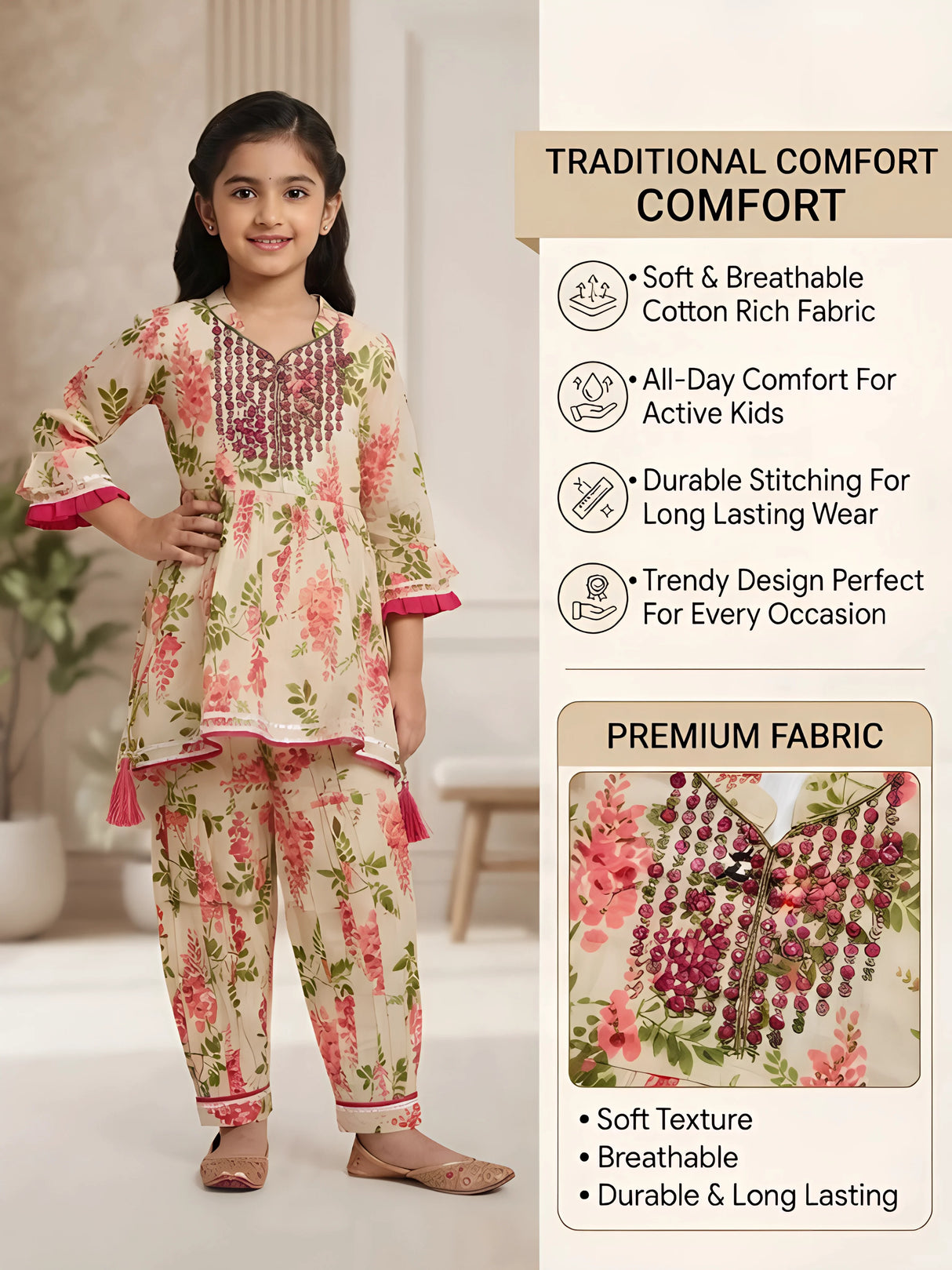 Girls Pink Floral Print Kurti with Patiyala Suit Set