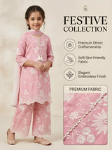 Girls Pink Floral Kurta Palazzo Set with Dupatta.