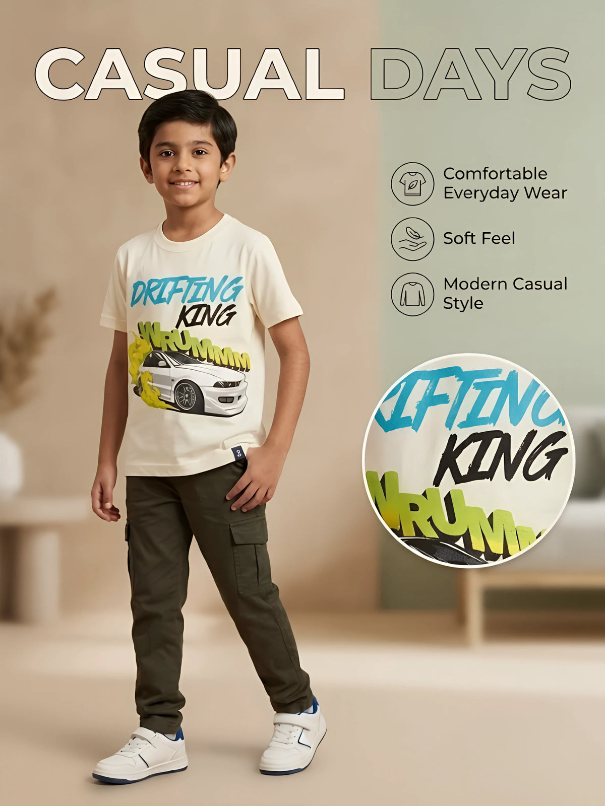 Boys Cream Drifting King Printed T-Shirt