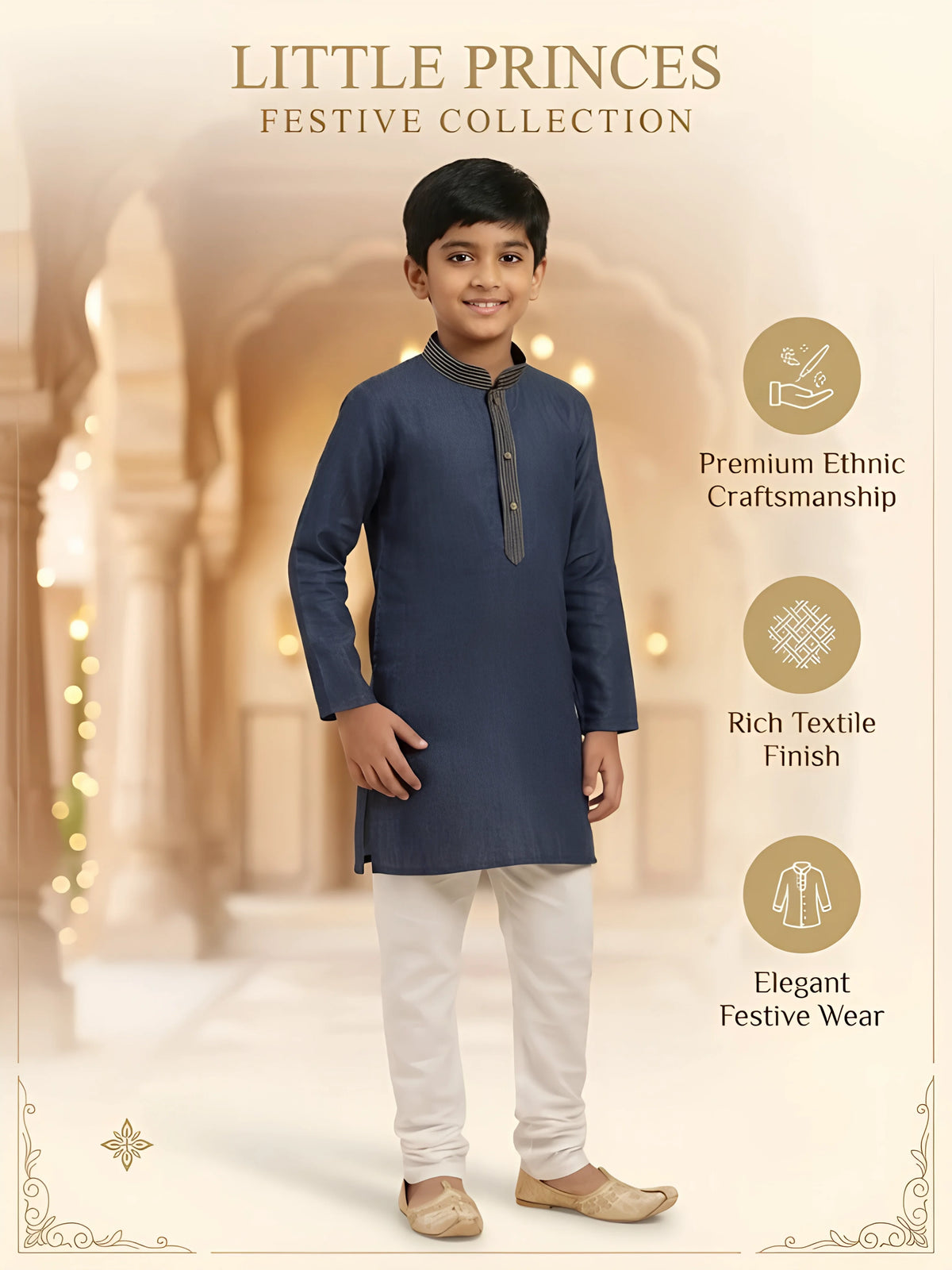 Navy Blue Solid Kurta Pajama Set for Boys