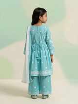 Girls Sky Blue Embroidered Anarkali Kurta Palazzo Set.