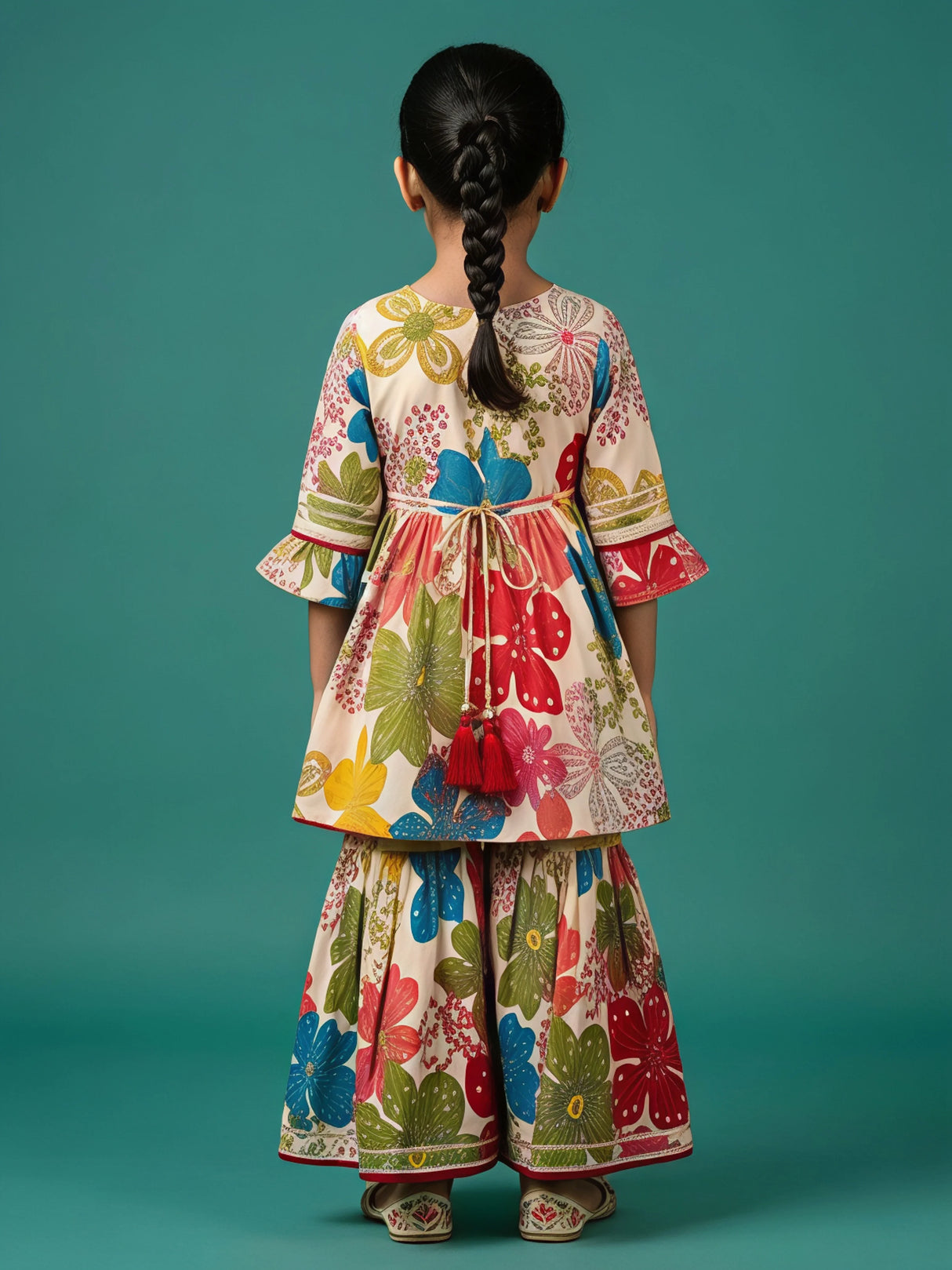 Girls Peach Floral Print Kurta Sharara Set with Embroidery & Tassels
