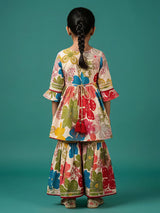 Girls Peach Floral Print Kurta Sharara Set with Embroidery & Tassels