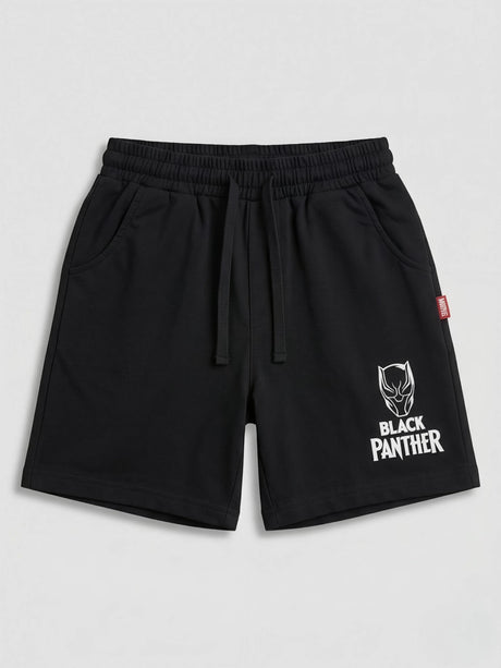 Boys Black Panther Graphic Shorts - Sporty Black Cotton Mix