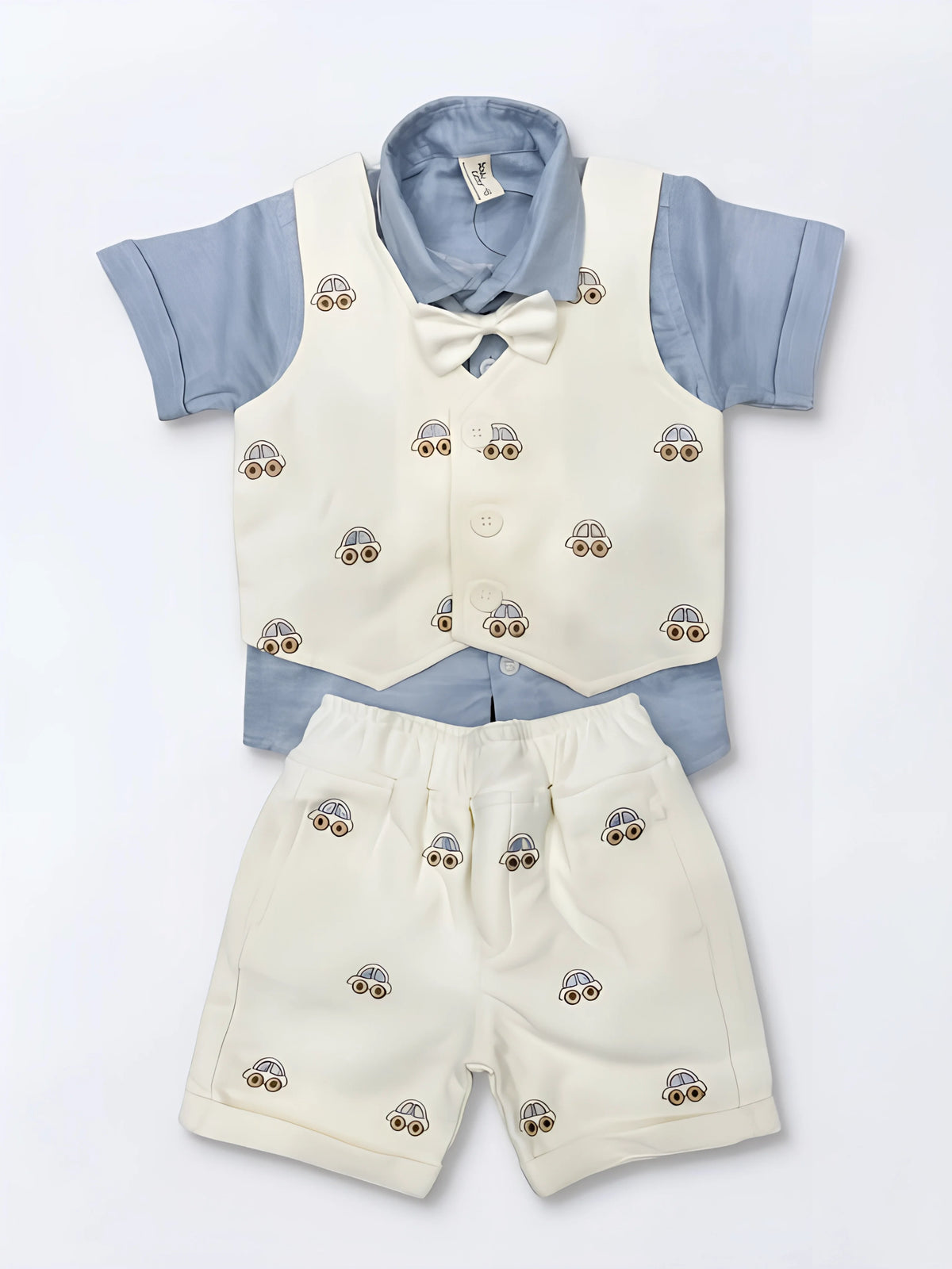 Light Blue Car Print Boys Coordinate Set with Vest and Bow Tie
