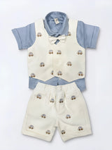 Light Blue Car Print Boys Coordinate Set with Vest and Bow Tie