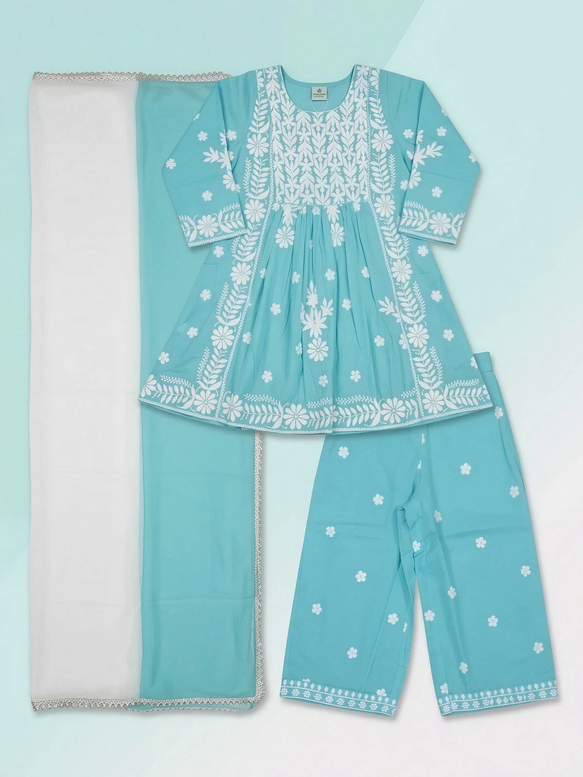 Girls Sky Blue Embroidered Anarkali Kurta Palazzo Set.