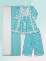 Girls Sky Blue Embroidered Anarkali Kurta Palazzo Set.