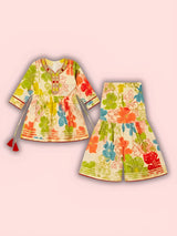 Girls Peach Floral Print Kurta Sharara Set with Embroidery & Tassels