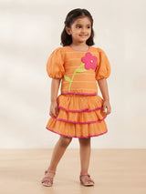 Orange striped skirt set with flower applique for girls