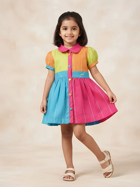 Multicolor Striped Color Block Frocks Kids Ethnic Wear