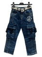 A pair of boys' dark wash denim cargo jeans hanging on a hanger, featuring large buckle-closure pockets on the legs, a white 'Brooklyn' graphic, and a light gray canvas belt.