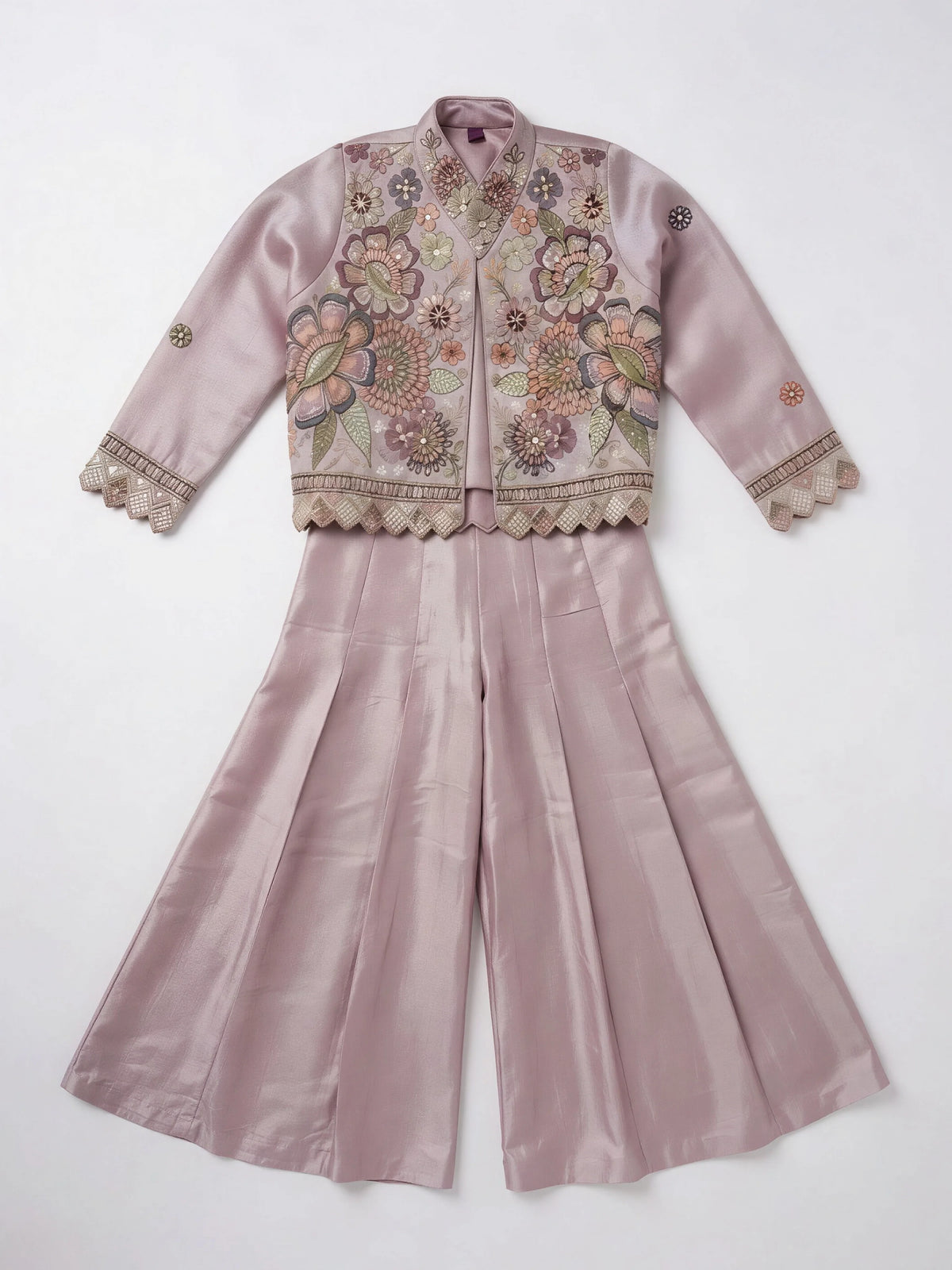 Purple Embroidered Plazzo Set with Jacket for Girls