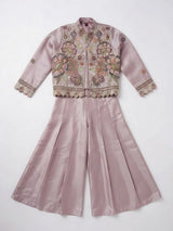 Purple Embroidered Plazzo Set with Jacket for Girls