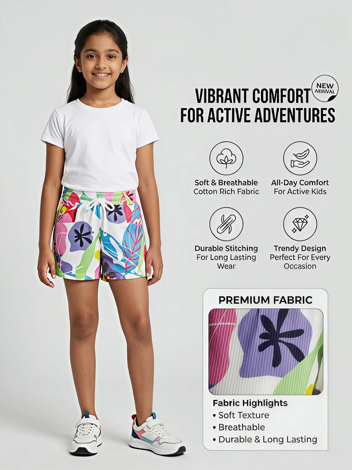 Girls' Vibrant Tropical Print Multi-Color Shorts with Pockets