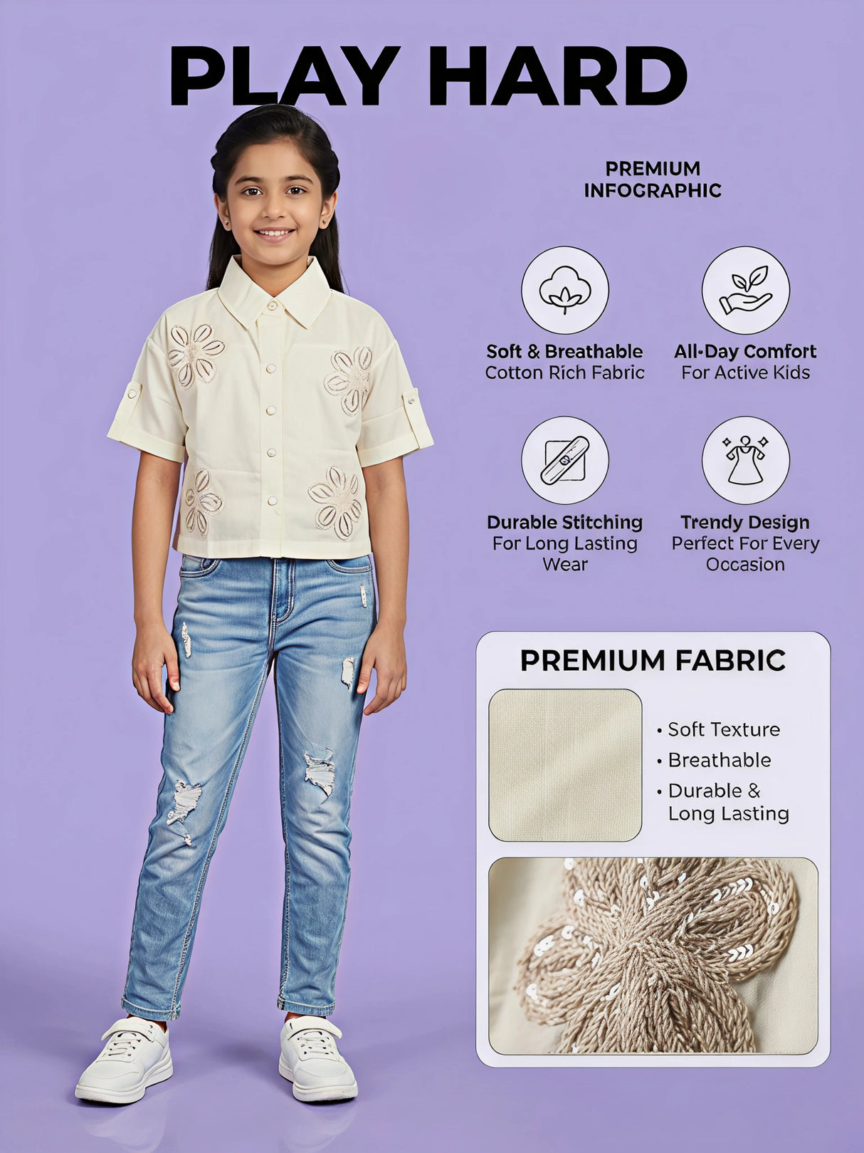 Girls Cream Floral Applique Shirt