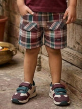 Boys Maroon Bear Graphic T-Shirt & Plaid Shorts Set