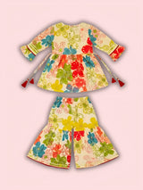 Girls Peach Floral Print Kurta Sharara Set with Embroidery & Tassels