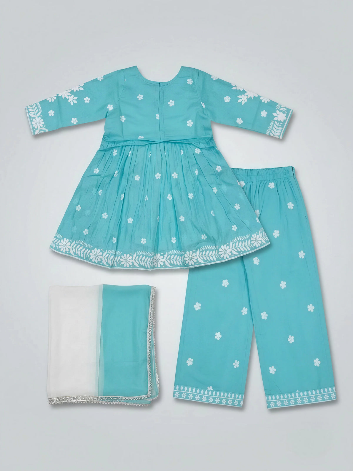 Girls Sky Blue Embroidered Anarkali Kurta Palazzo Set.