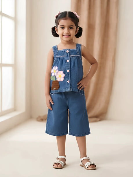 Cute blue denim palazzo set for girls featuring flower appliques and front buttons.