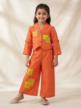 Orange patchwork design palazzo set with matching jacket for girls
