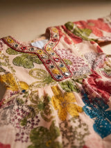 Girls Peach Floral Print Kurta Sharara Set with Embroidery & Tassels