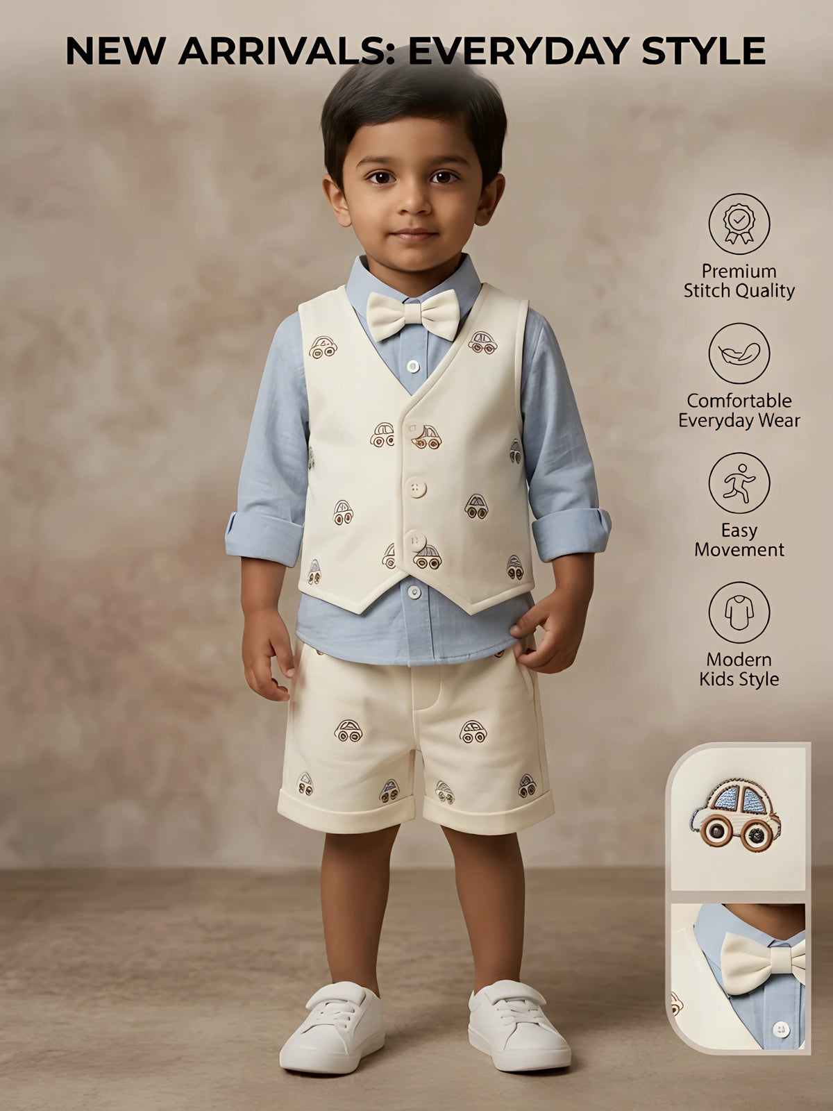 Light Blue Car Print Boys Coordinate Set with Vest and Bow Tie