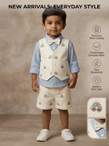 Light Blue Car Print Boys Coordinate Set with Vest and Bow Tie