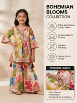 Girls Peach Floral Print Kurta Sharara Set with Embroidery & Tassels
