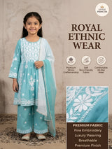 Girls Sky Blue Embroidered Anarkali Kurta Palazzo Set.