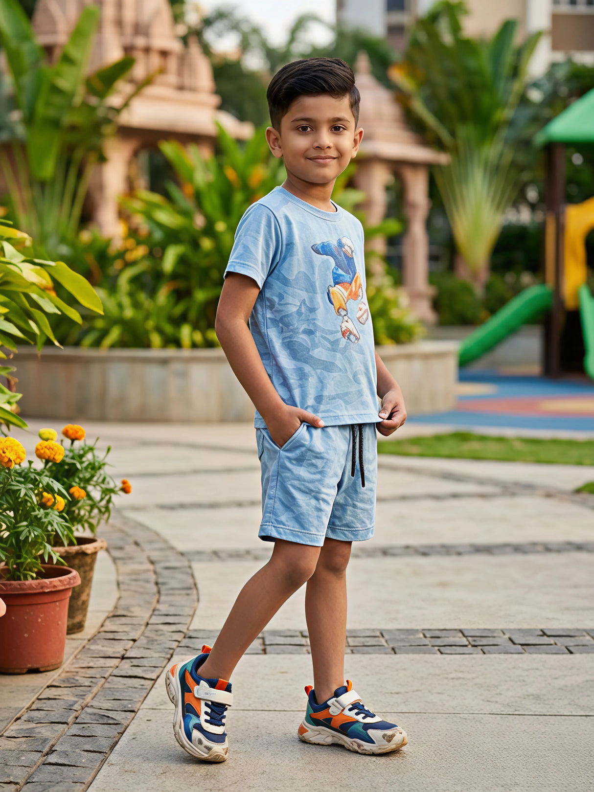 Boys Blue Anime Graphic T-Shirt & Shorts Co-ord Set