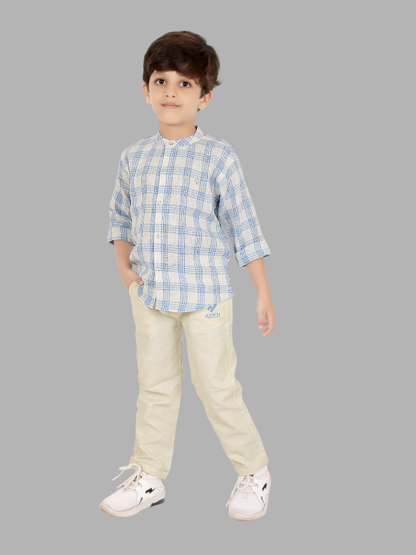 Boys' Blue Plaid Kurta-Style Shirt & Khaki Trouser Set