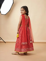 Girls Red Printed Lehenga Choli Set with Dupatta & Tassels