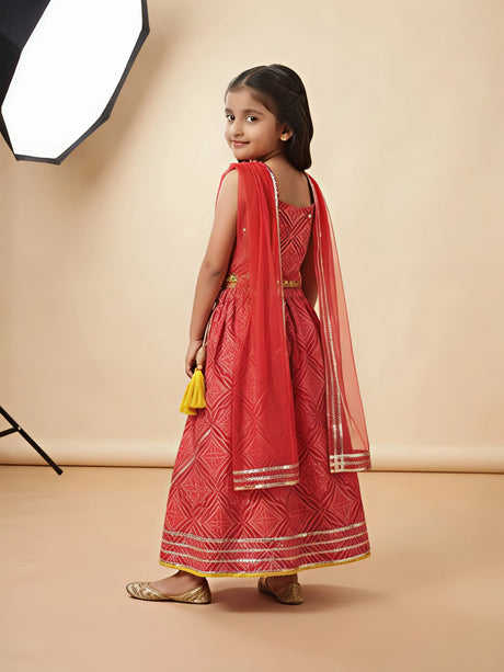 Girls Red Printed Lehenga Choli Set with Dupatta & Tassels.