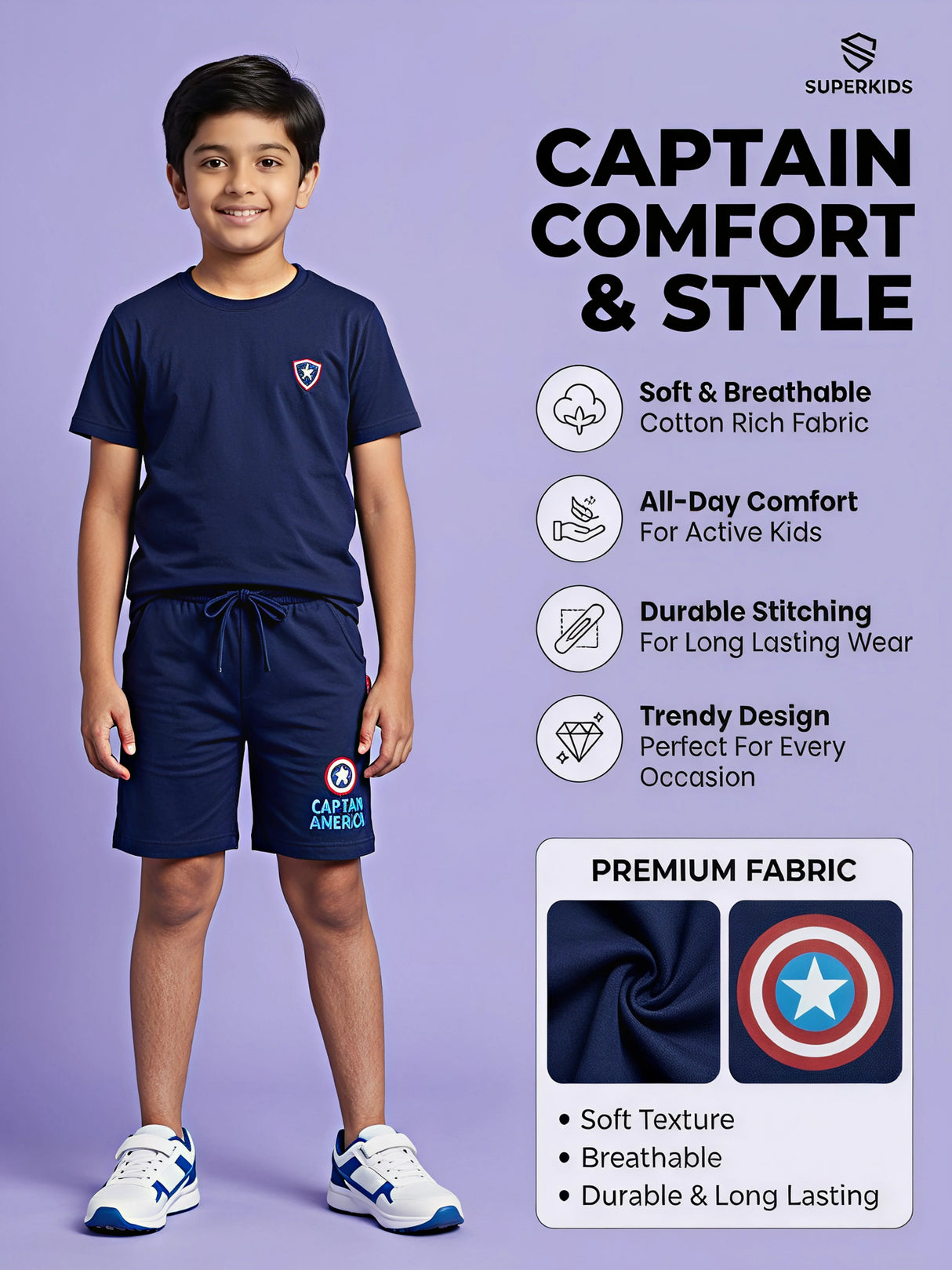 Boys Navy Blue Captain America Graphic Shorts