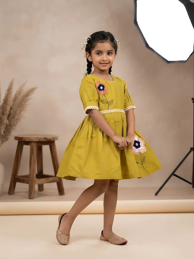 Olive Green Floral Applique Cotton Frocks Kids Ethnic Wear