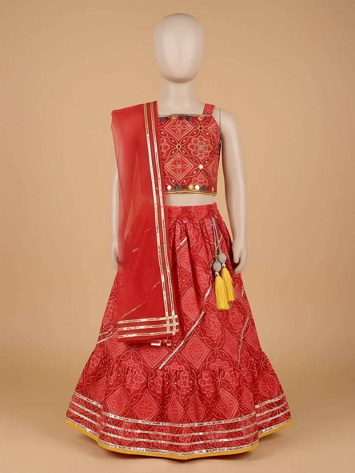 Girls Red Printed Lehenga Choli Set with Dupatta & Tassels