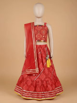 Girls Red Printed Lehenga Choli Set with Dupatta & Tassels