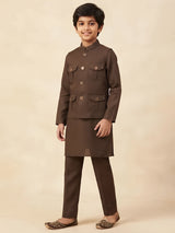 Boys brown solid Jodhpuri style kurta pajama set with pocket details