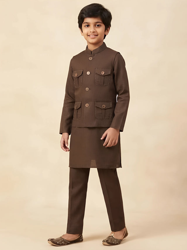 Boys brown solid Jodhpuri style kurta pajama set with pocket details