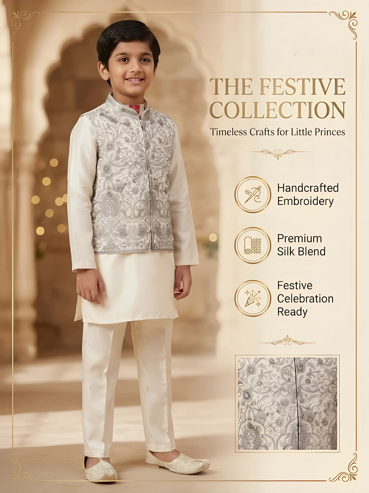 Cream Embroidered Kurta Pajama Set for Boys
