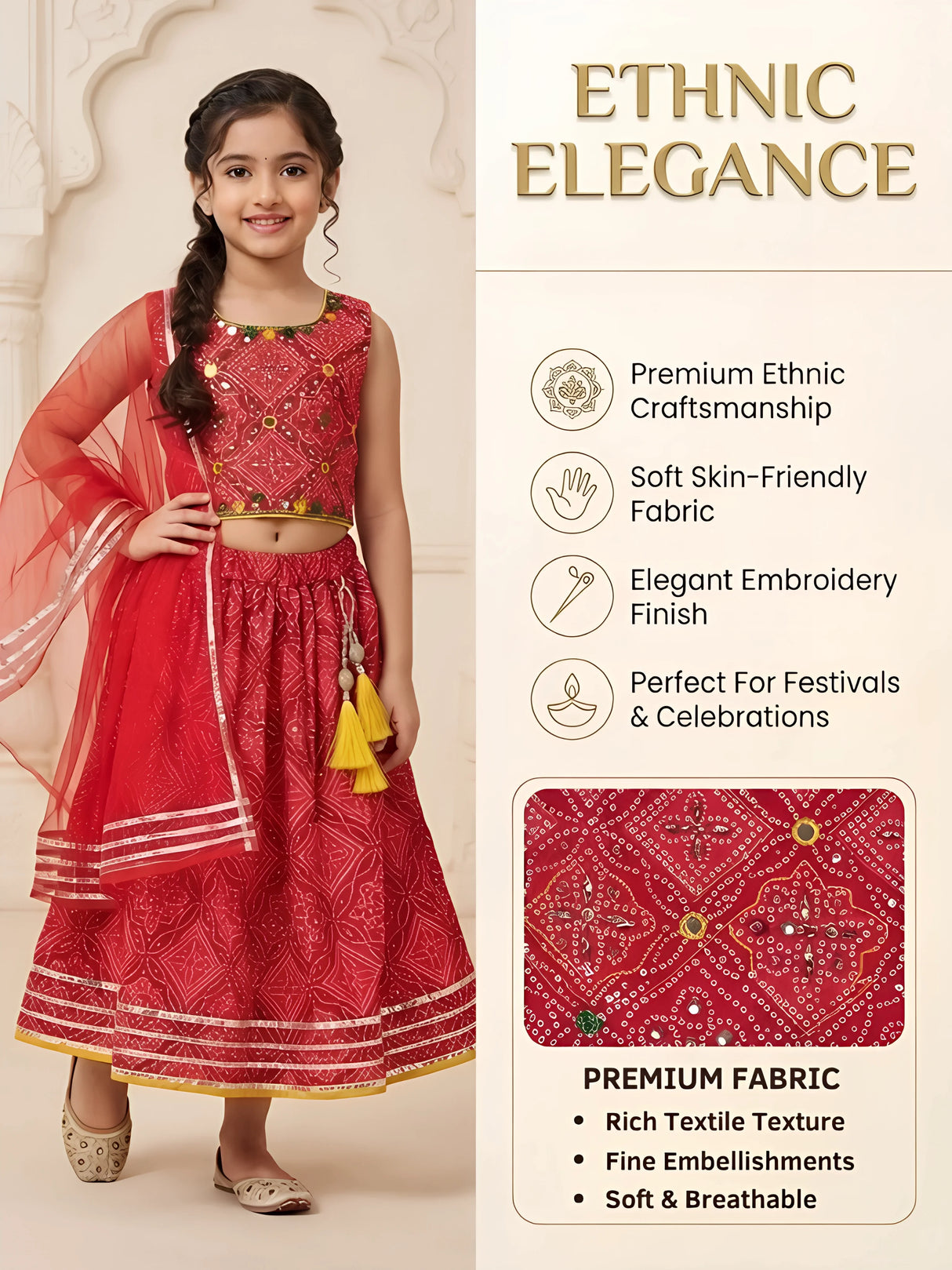 Girls Red Printed Lehenga Choli Set with Dupatta & Tassels