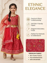 Girls Red Printed Lehenga Choli Set with Dupatta & Tassels