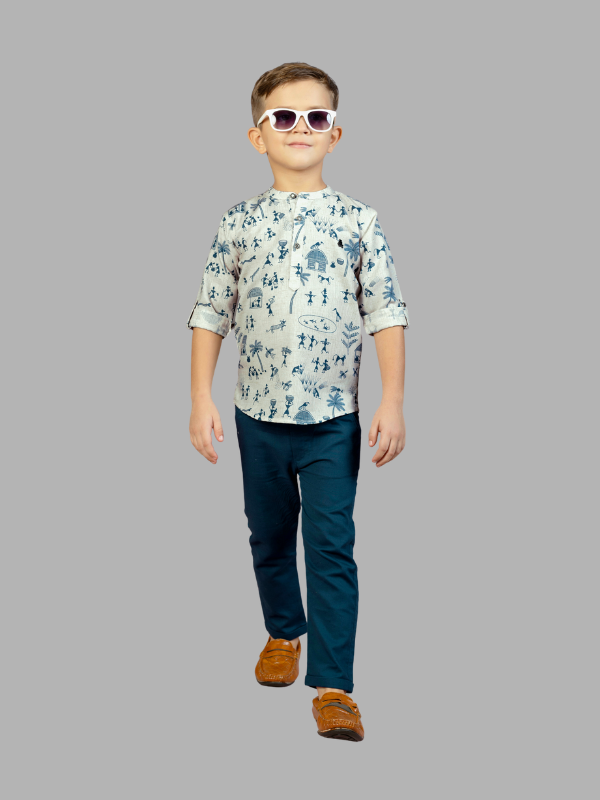Boys Printed Cotton Kurta with Blue Pants